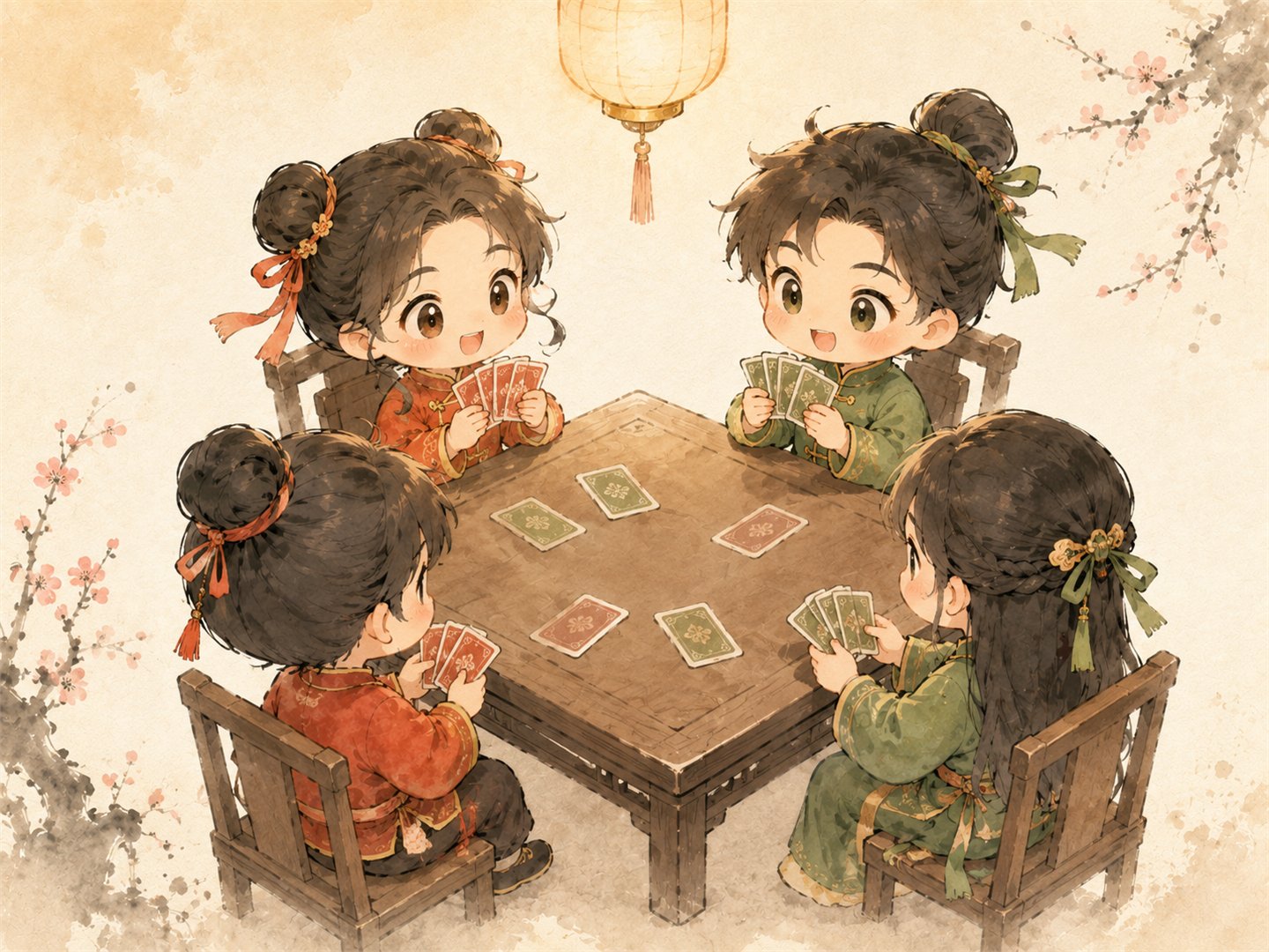 Four chibi players seated around a square card table