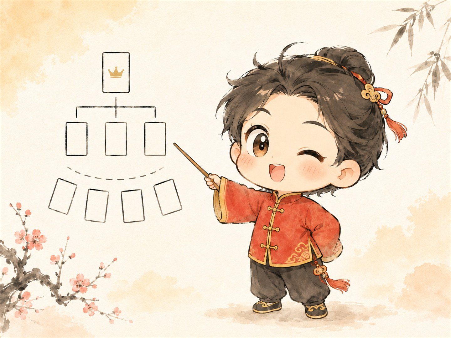 Chibi teacher pointing at a card table diagram