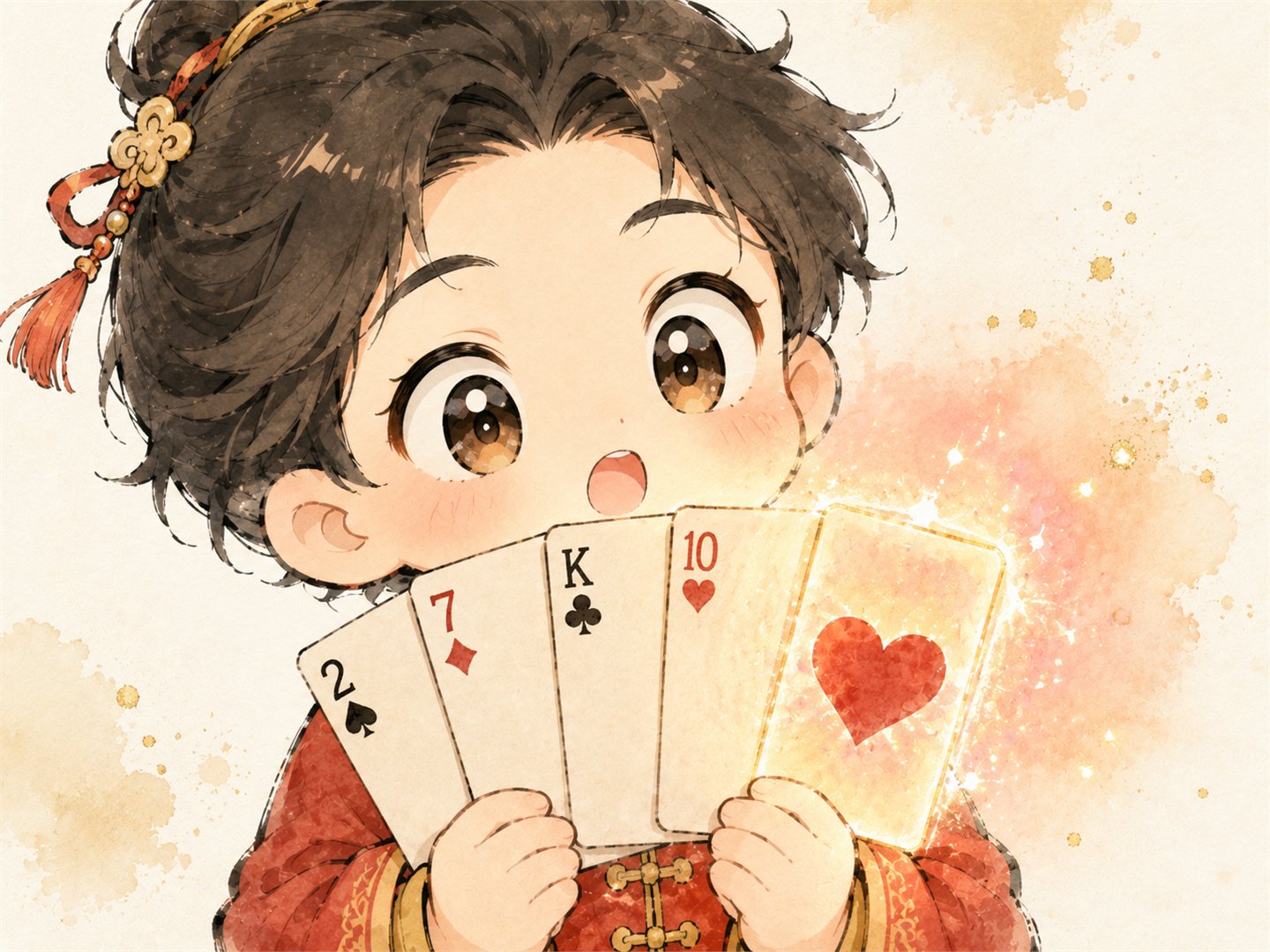 Chibi player holding a glowing heart level card