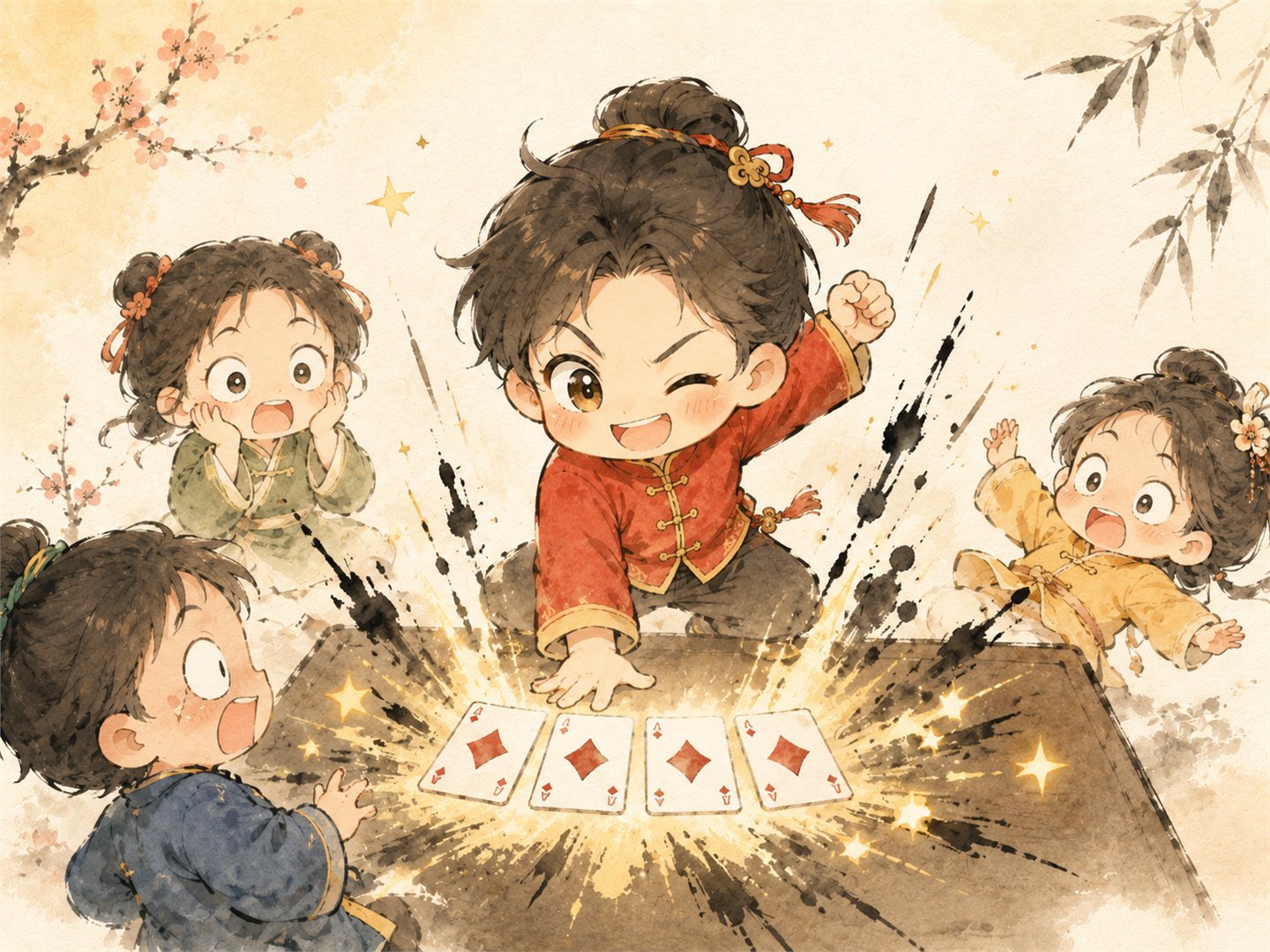 Chibi player slamming down a four-card bomb