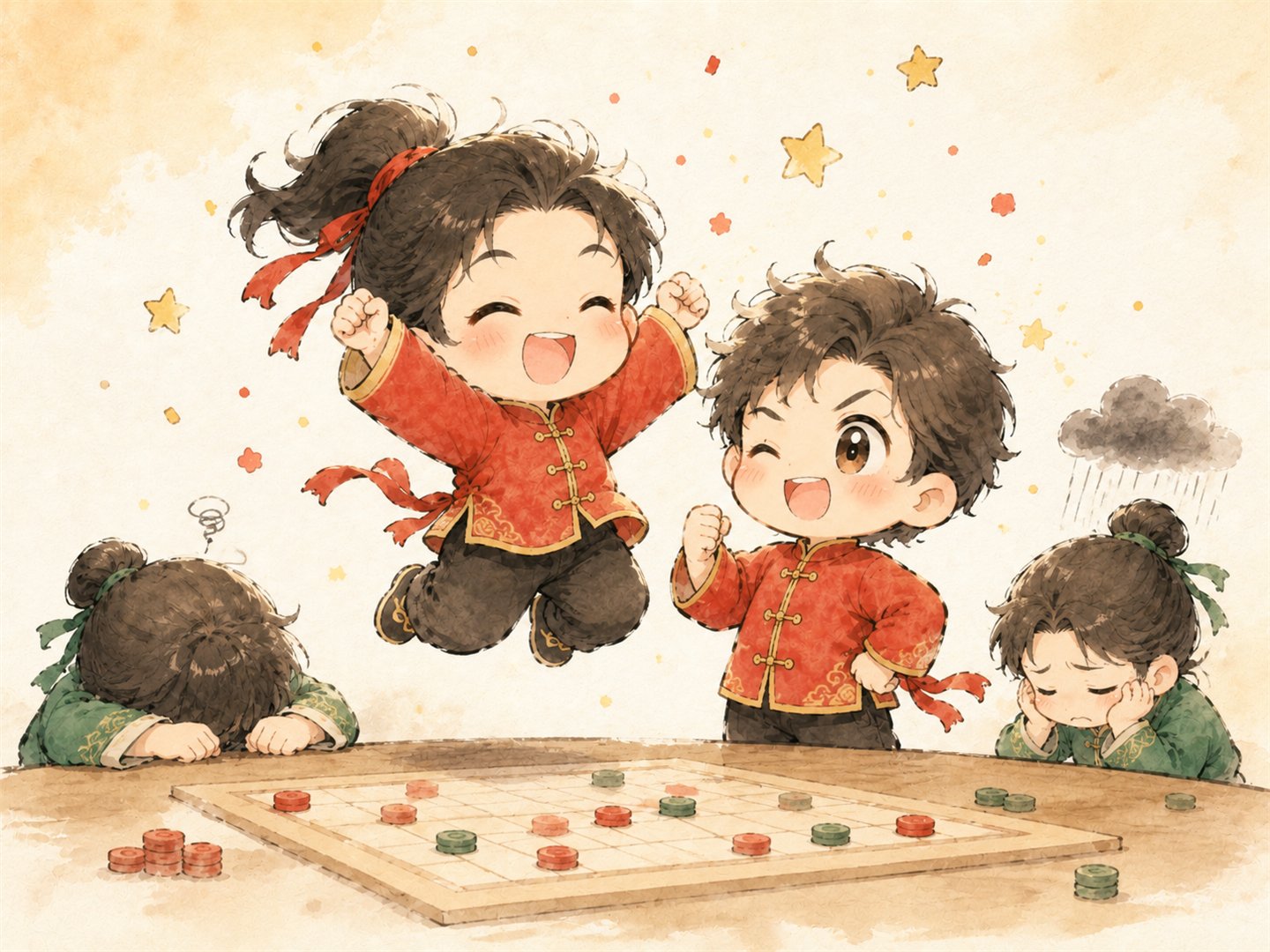 Two chibi teammates celebrating victory while opponents slump