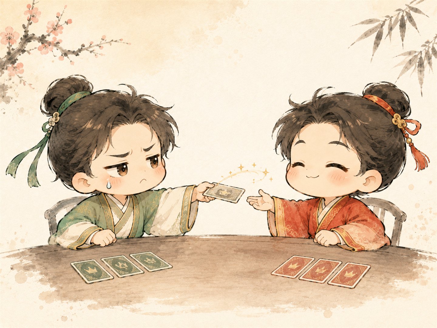 Two chibi players exchanging a tribute card
