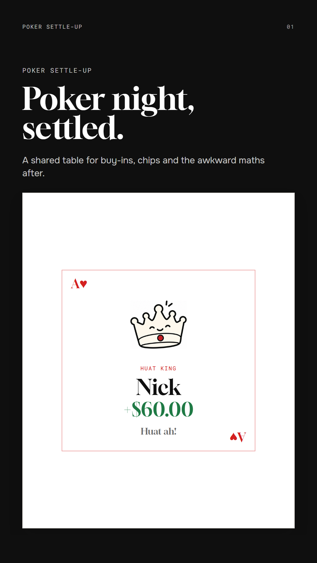 Poker Settle-Up cover showing the Huat King result card