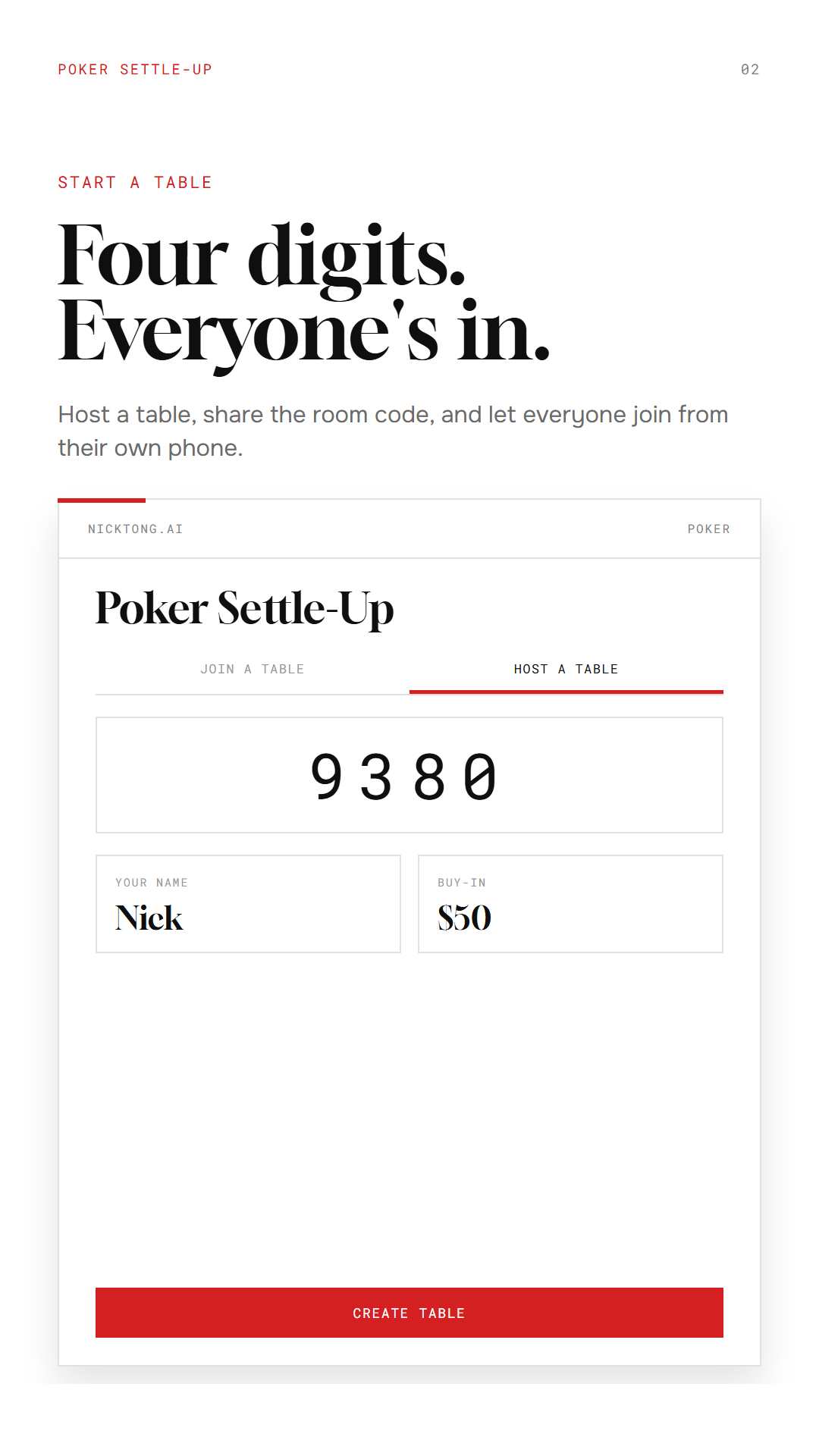 Four-digit room code and table creation screen