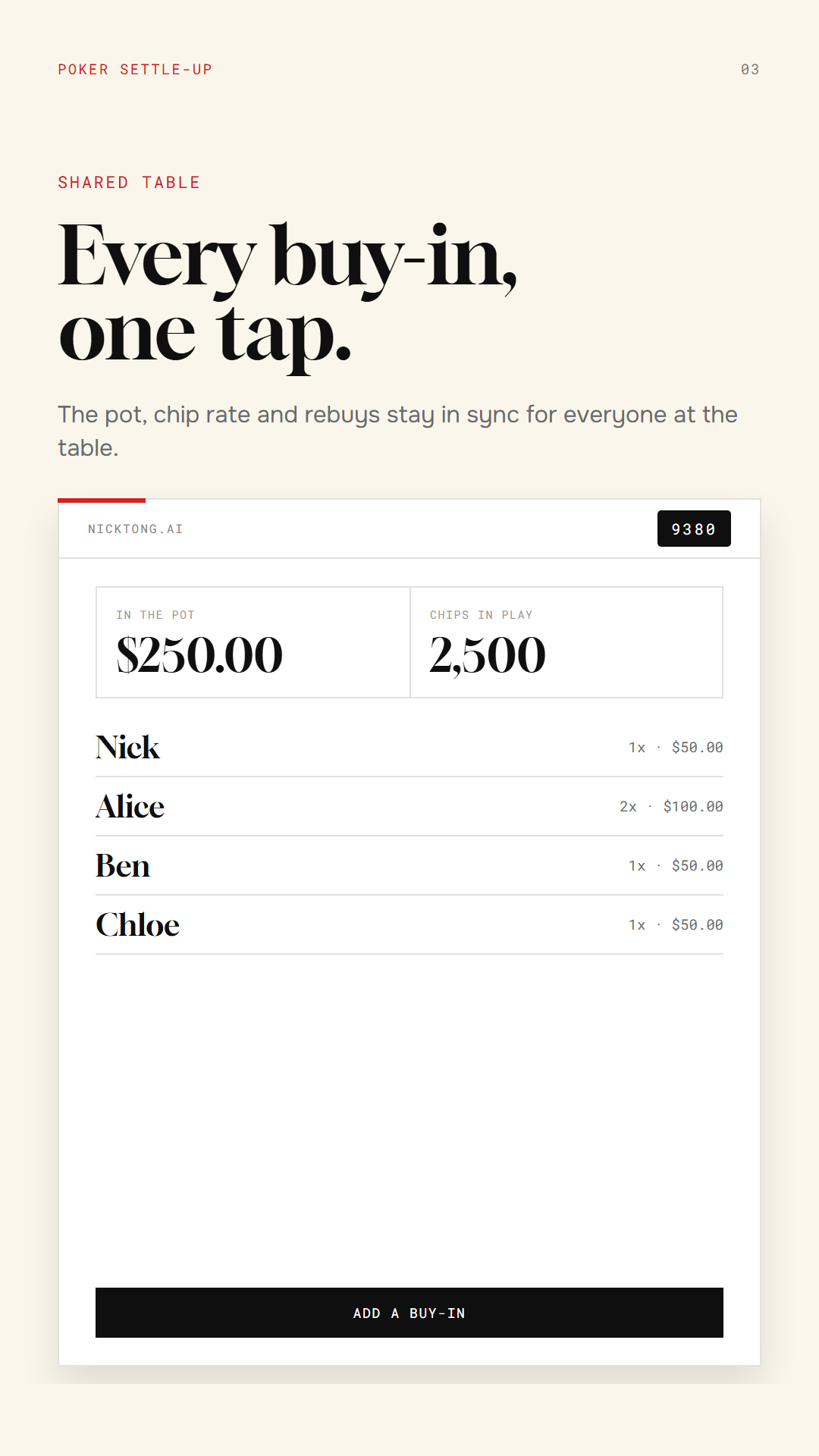 Every buy-in, one tap: a shared poker table showing the pot, chips and player buy-ins