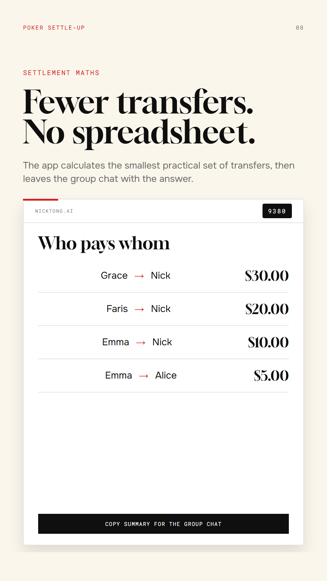 Fewer transfers, no spreadsheet: the app's who-pays-whom settlement plan