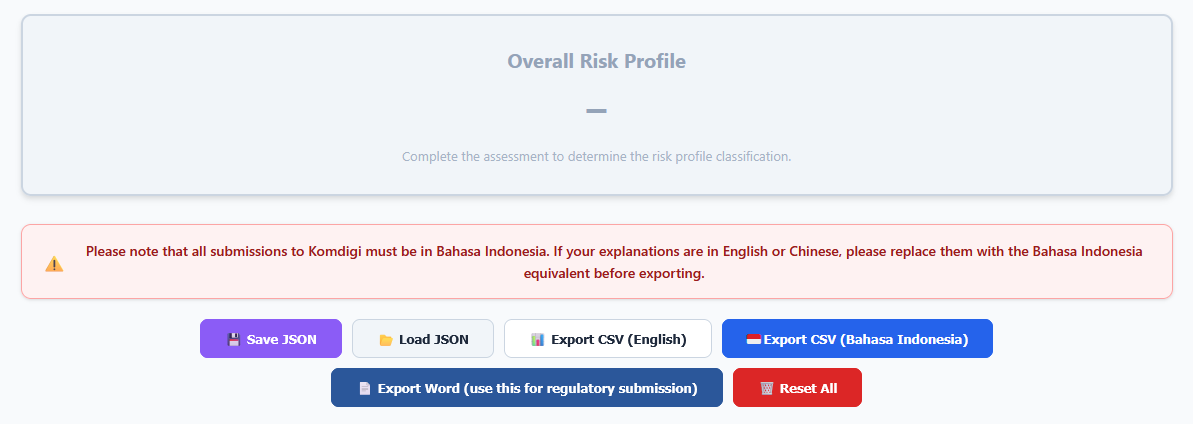 Assessment export controls for saving progress and producing the regulator-facing Word file