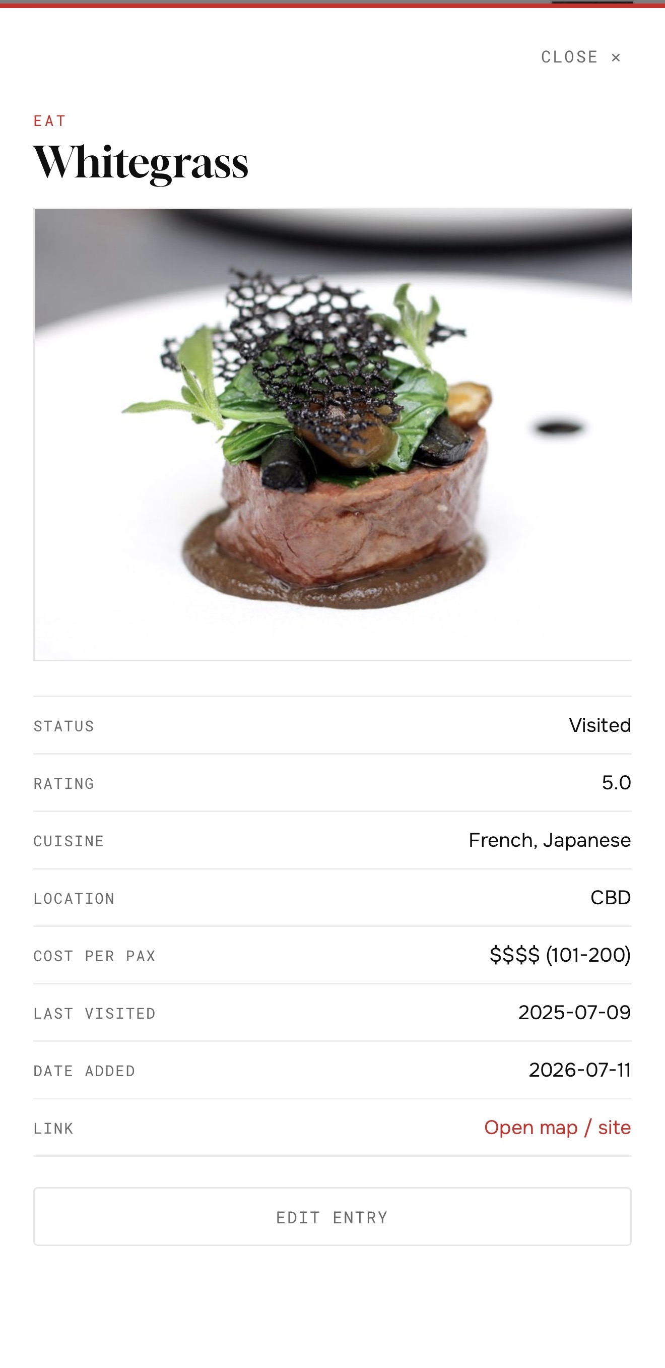 Detailed restaurant entry showing a photograph, rating, cuisine, location, cost and last visit