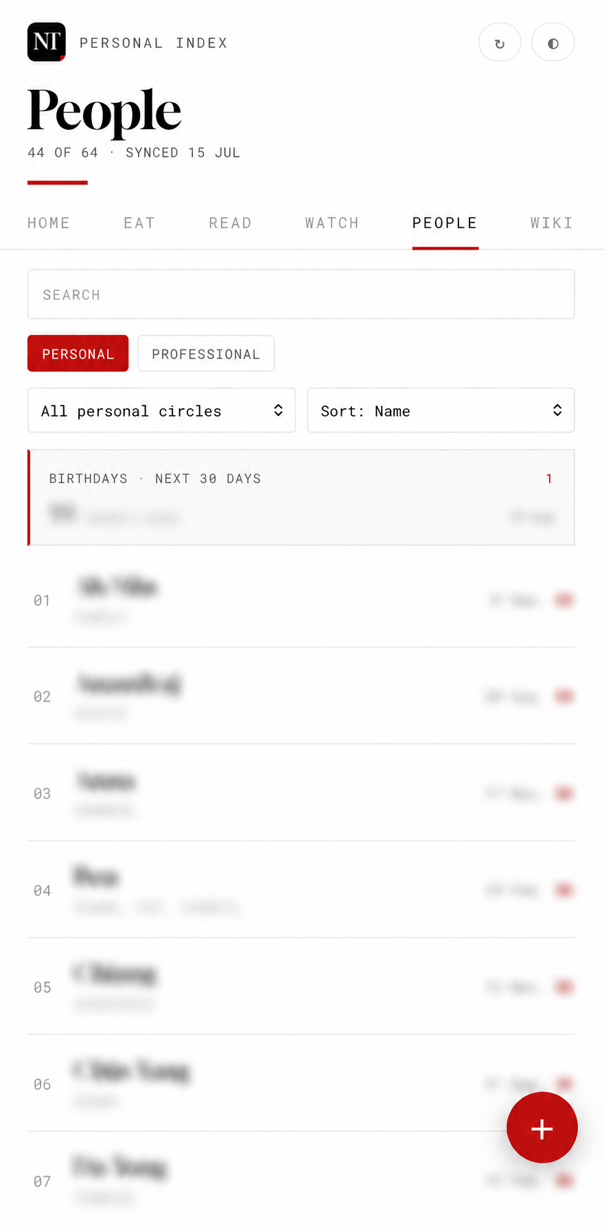 People database showing personal circles and upcoming birthdays, with personal details blurred