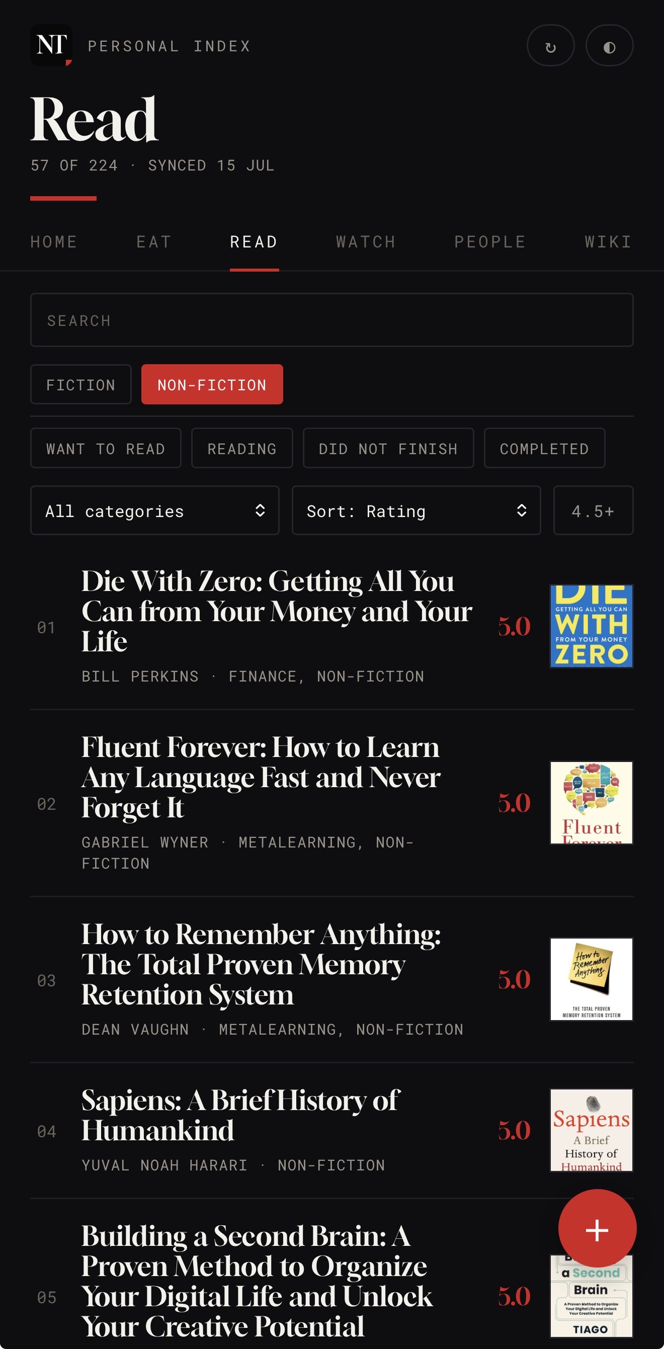 Read database showing highly rated non-fiction books with covers, authors and categories