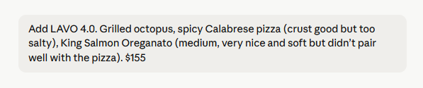 Message to Claude: Add LAVO 4.0 with dishes and cost, which Claude uses to populate the restaurant tracker entry